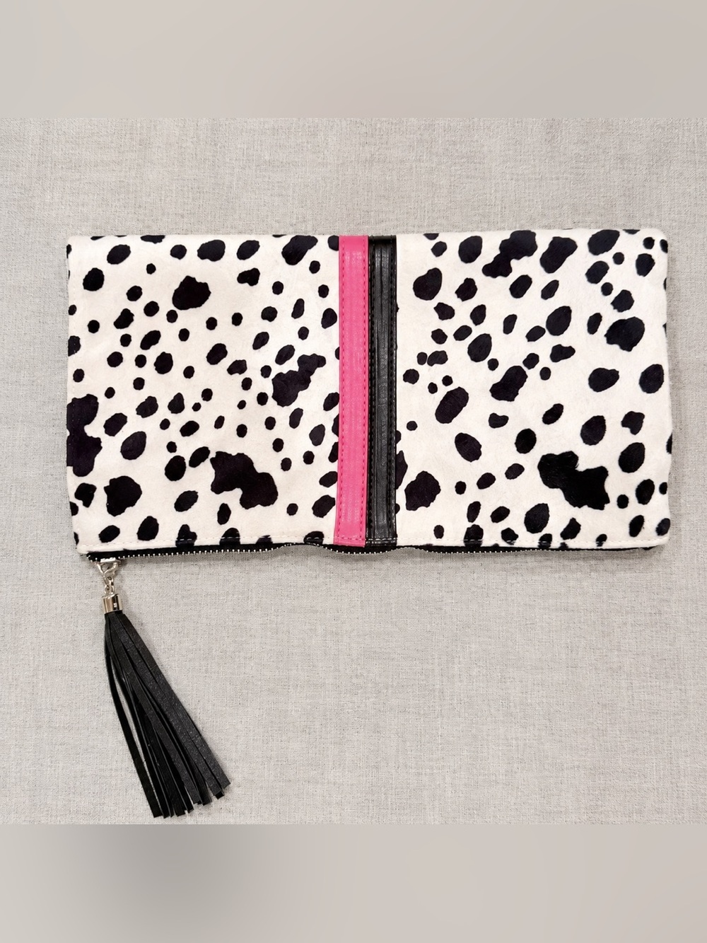 Black White Dalmatian Collection Clutch Pink Stripe Foldover Purse with Tassel - Picture 2 of 10
